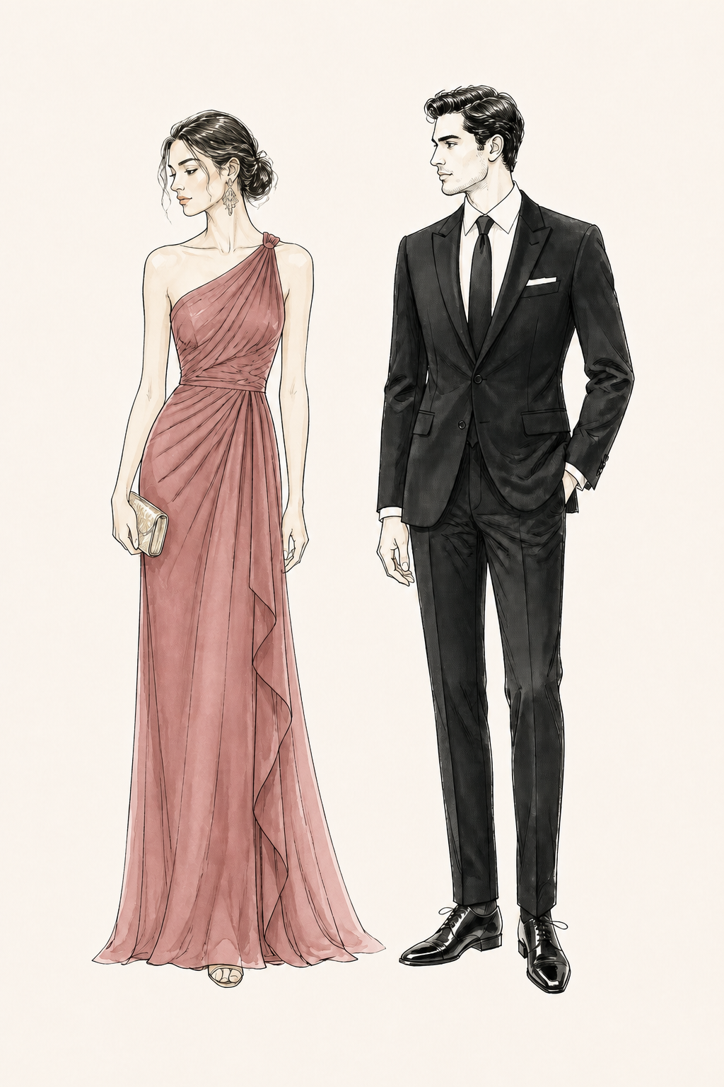 Ilustración de una mujer con vestido rosa empolvado y un hombre con traje formal